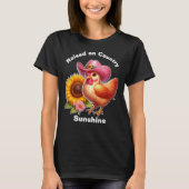 ピンクの帽子をかぶったかわいいめんどりと輝くひまわり Tシャツ (正面)