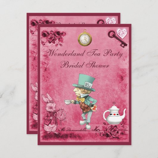 ピンクの帽子屋の不思議の国のお茶会のブライダルシャワー 招待状 (正面/裏面)