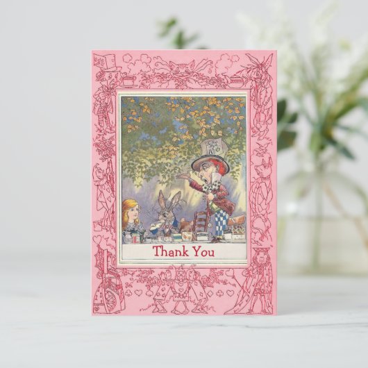 ピンクの帽子屋の不思議の国のお茶会は感謝していしています サンキューカード (スタンド正面)