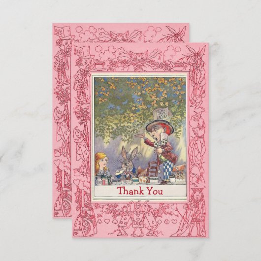ピンクの帽子屋の不思議の国のお茶会は感謝していしています サンキューカード (正面/裏面)