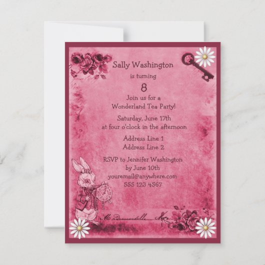 ピンクの帽子屋の不思議の国の誕生日のお茶会 招待状 (裏面)