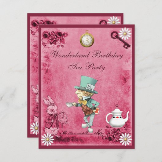ピンクの帽子屋の不思議の国の誕生日のお茶会 招待状 (正面/裏面)
