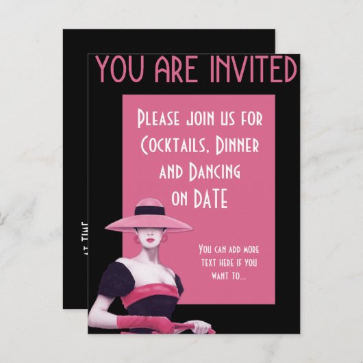 ピンクの帽子/手袋の洗練された女性の招待状 インビテーションポストカード (正面/裏面)