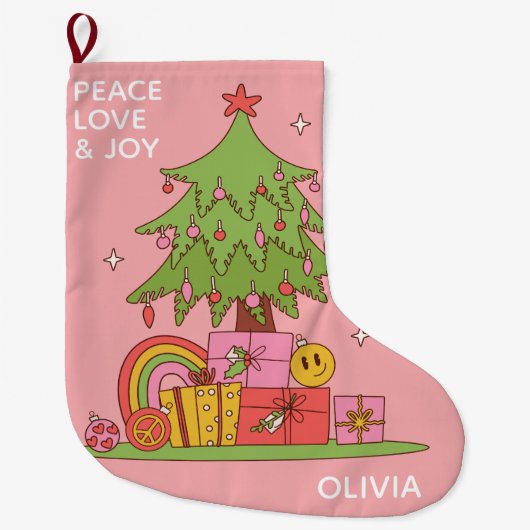ピンクの平和、愛と喜びレトロクリスマスツリー ラージクリスマスストッキング (正面)