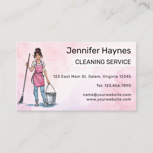 ピンクの幸せな明るいクリーン清掃レディーサービス 名刺 (正面)