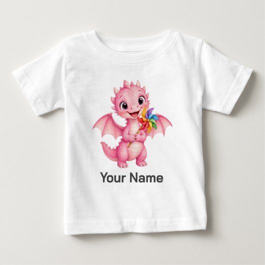 ピンクの幻想的なドラゴンの風車の赤ちゃん ベビーTシャツ (正面)