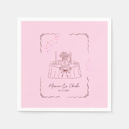 ピンクの幻想的な手描きイラストの結婚式 スタンダードカクテルナプキン (正面)