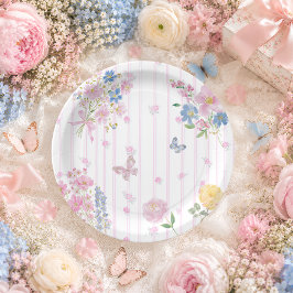 ピンクの幻想的な花柄の女の子のベビーシャワー ペーパープレート
