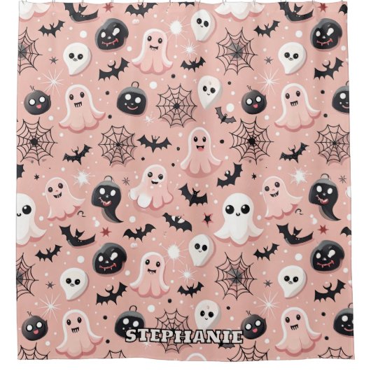 ピンクの幽霊とハロウィンシームレスパターン シャワーカーテン (正面)