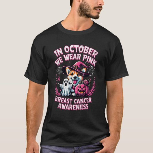 ピンクの幽霊コーギー犬の胸部缶(10月はピンクを着よう) Tシャツ (正面)