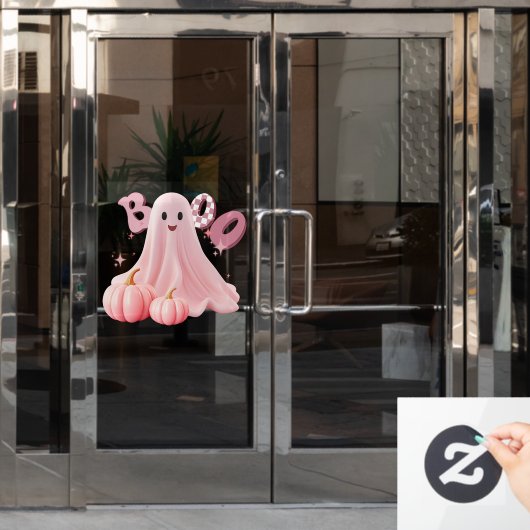 ピンクの幽霊ブウウィンドウにしがみつく ウィンドウサイン (オフィスドア)
