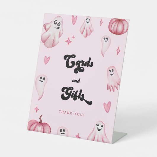 ピンクの幽霊小さなブー赤ちゃんシャワーカードギフトサイン 台座サイン (正面)