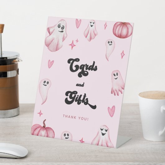 ピンクの幽霊小さなブー赤ちゃんシャワーカードギフトサイン 台座サイン (インサイチュ)