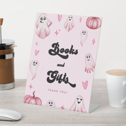 ピンクの幽霊小さなブー赤ちゃんシャワー本のギフトサイン 台座サイン (インサイチュ)