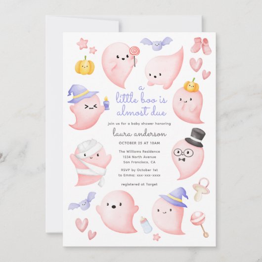 ピンクの幽霊少しブーはほとんど赤ちゃんシャワーが必要 招待状 (正面)