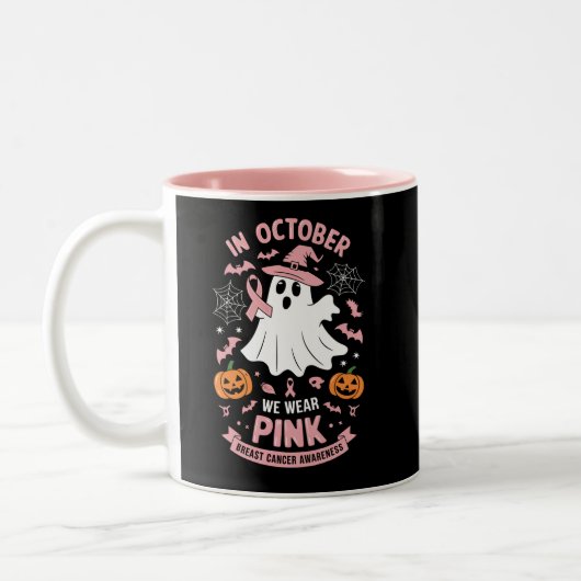ピンクの幽霊魔女の服 乳がん啓発 October ツートーンマグカップ (左)