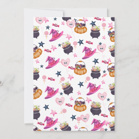 ピンクの幽霊、ウィッチハット、キャンディ:ハロウィーンの赤ちゃんシャワー 招待状 (裏面)