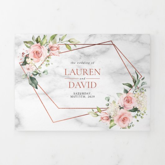 ピンクの幾何学大理石フローラユーカリ結婚ズ 三つ折り招待状 (カバー)