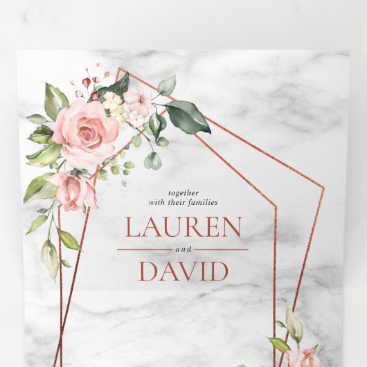ピンクの幾何学大理石フローラユーカリ結婚ズ 三つ折り招待状 (内部最初)