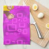 ピンクの幾何学模様に可愛いテディベア キッチンタオル (四つ折り)