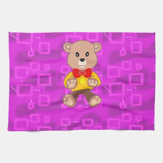 ピンクの幾何学模様に可愛いテディベア キッチンタオル (横)