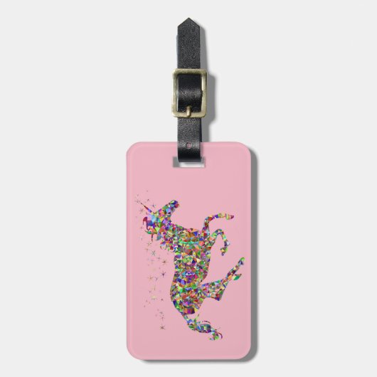 ピンクの幾何学的カラフルユニコーン ラゲッジタグ (正面縦)