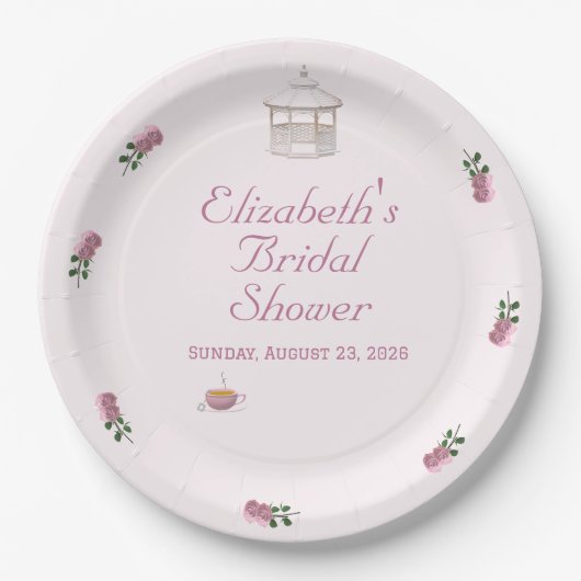 ピンクの庭でのお茶会 ブライダルシャワー ペーパープレート (正面)