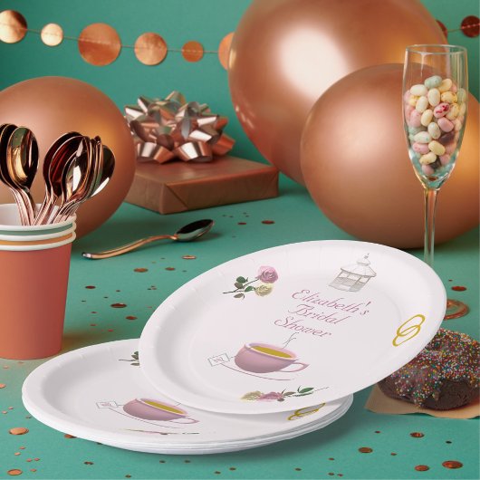 ピンクの庭でのティーパーティー ブライダルシャワー ペーパープレート