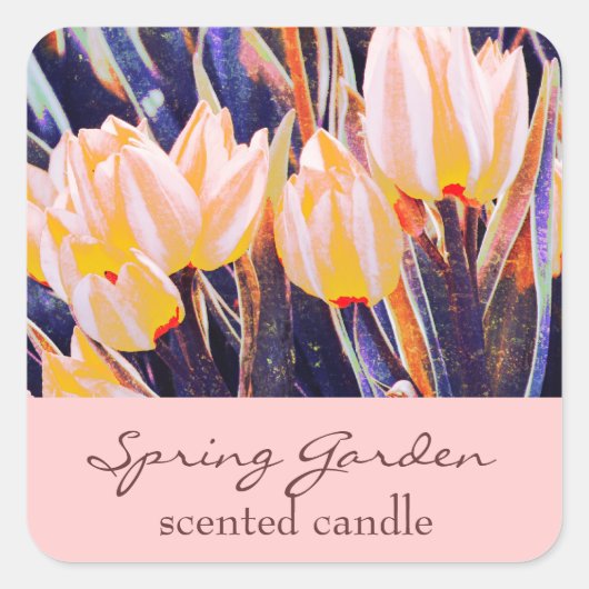 ピンクの庭のチューリップ – 香りの付いたロウソクまたはソープラベル スクエアシール (正面)
