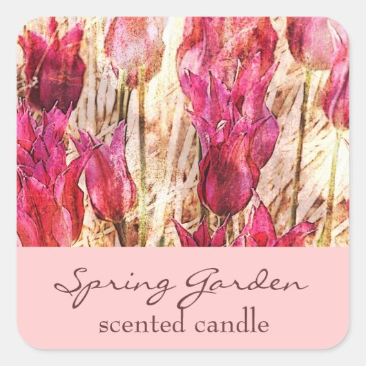 ピンクの庭のチューリップ – 香りの付いたロウソクまたはソープラベル スクエアシール (正面)