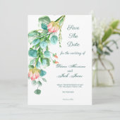 ピンクの庭の水の色の花束の日付を保存 招待状 (スタンド正面)