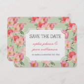 ピンクの庭の花の水色は日付を保存 招待状 (正面/裏面)