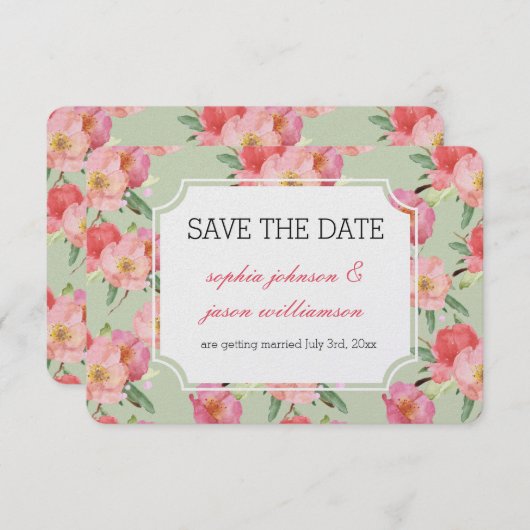 ピンクの庭の花の水色は日付を保存 招待状 (正面/裏面)