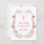 ピンクの庭の花の花紋最初の聖体 招待状 (正面)