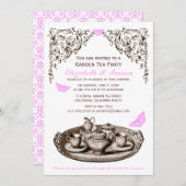 ピンクの庭の茶パーティの招待状 招待状 (正面/裏面)