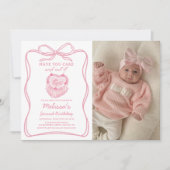 ピンクの弓あなたのケーキを持って食べそれを2つの誕生日 招待状 (正面)