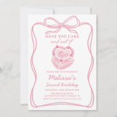 ピンクの弓あなたのケーキを持って食べそれを2つの誕生日 招待状 (正面)