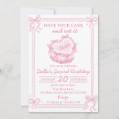 ピンクの弓あなたのケーキを持って食べそれを2つの誕生日 招待状 (正面)