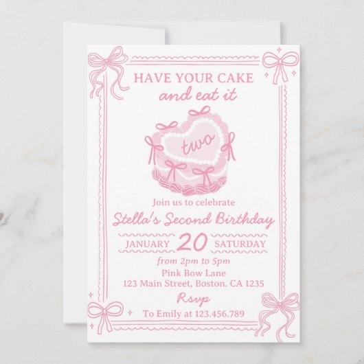 ピンクの弓あなたのケーキを持って食べそれを2つの誕生日 招待状 (正面)