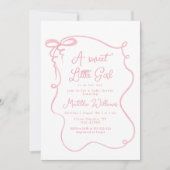 ピンクの弓お洒落のウェーブフレーム女の子の赤ちゃんシャワー 招待状 (正面)