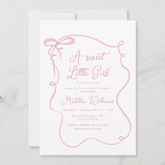 ピンクの弓お洒落のウェーブフレーム女の子の赤ちゃんシャワー 招待状 (正面)