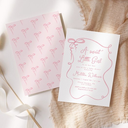 ピンクの弓お洒落のウェーブフレーム女の子の赤ちゃんシャワー 招待状