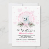 ピンクの弓かわいいクマかわいいキューブウィンターガールベビーシャワー 招待状 (正面)