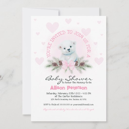 ピンクの弓かわいいクマかわいいキューブウィンターガールベビーシャワー 招待状 (正面)