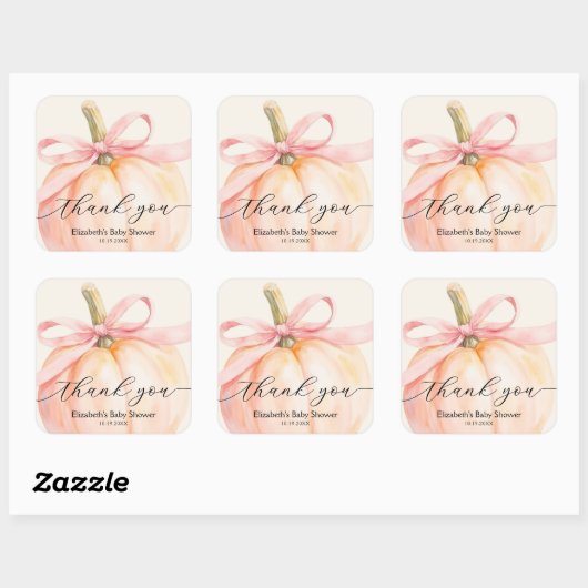 ピンクの弓がついた小さなかぼちゃのベビーシャワー スクエアシール (シート)