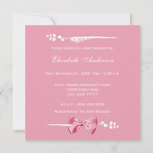 ピンクの弓が付いているエレガントな女の子のベビーシャワーのベビーの足 招待状 (裏面)