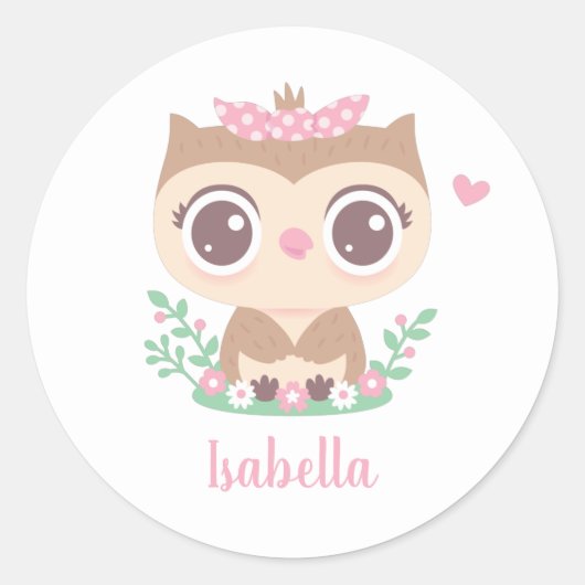 ピンクの弓が似合う可愛らしい小さなフクロウ ラウンドシール (正面)