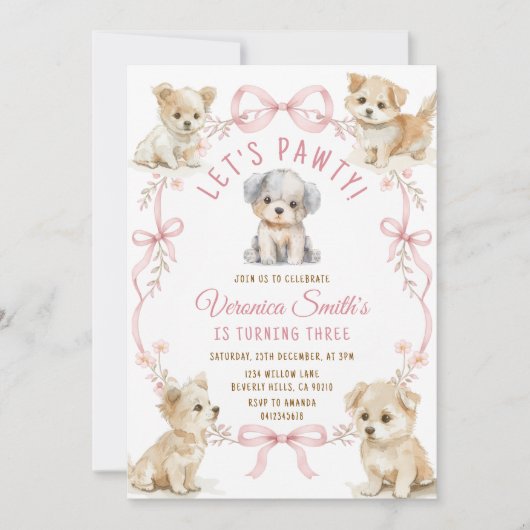ピンクの弓が可愛い子犬の誕生日女子パーティー子犬 招待状 (正面)