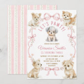 ピンクの弓が可愛い子犬の誕生日女子パーティー子犬 招待状 (正面/裏面)