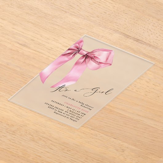 ピンクの弓その女の子の赤エレガントちゃんシャワー アクリル招待状 (レイダウン)